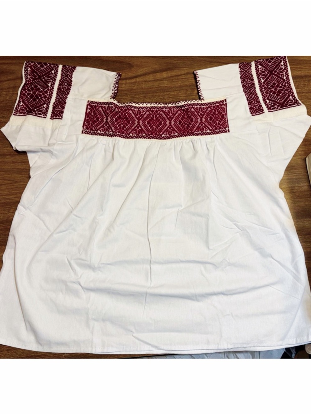 White Peasant Blouse with Burgundy Embroidered Yoke